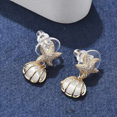 Shell Shape Brass Clear Cubic Zirconia Stud Earrings EJEW-D301-02G-1