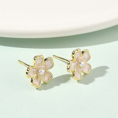 Flower Brass & ABS Plastic Pearl Stud Earrings EJEW-P336-07G-1