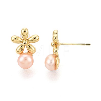 Flower Brass Natural Pearl Stud Earrings PEAR-N017-07E-1