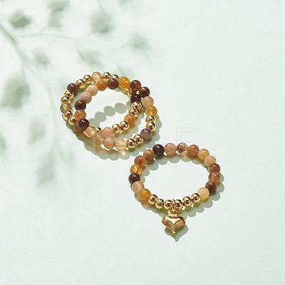 3Pcs 3 Style Natural Gemstone & Brass Beaded Finger Rings with 304 Stainless Steel Heart Charms for Women RJEW-JR00470-1