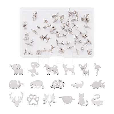 16 Pairs 16 Style Crocodiles & Dog & Swan & Hedgehog & Dinosaur & Bird 304 Stainless Steel Stud Earrings EJEW-CF0001-02P-1