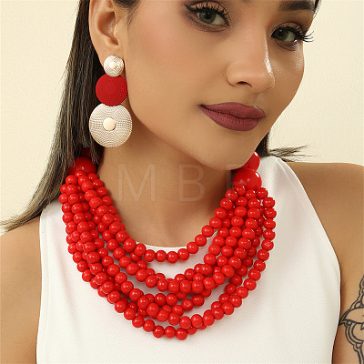 Wood Round Beaded Multilayer Necklaces & Alloy Flat Round Dangle Earrings Sets FS-WG02398-01-1