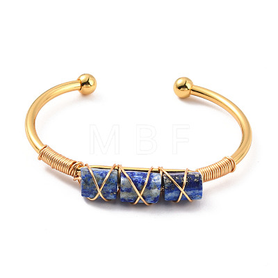 Natural Lapis Lazuli Triple Column Beaded Open Cuff Bangle BJEW-E377-01G-05-1