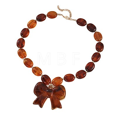 Resin Bowknot Pendant Oval Beaded Necklaces with Alloy End Chains for Women FS-WGF4692-02-1
