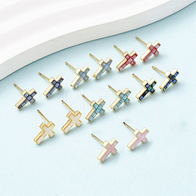 Brass Enamel Cross Stud Earrings EJEW-I322-03G-1
