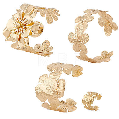 3 Styles Alloy Flower Cuff Bangles & Ring Sets for Women SJEW-CY0001-01-1