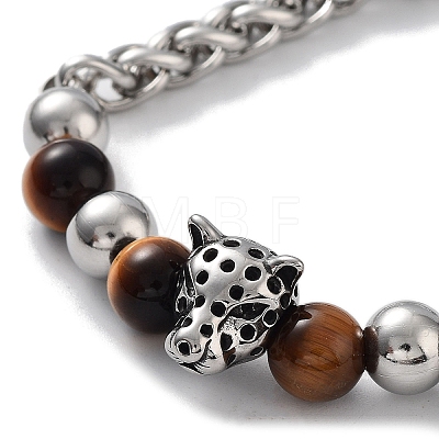 Leopard Head Natural Mixed Gemstone Beaded Bracelets with 201 Stainless Steel Lobster Claw Clasps BJEW-Q334-12-1