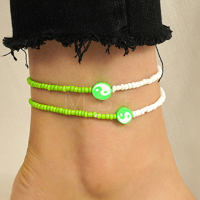 2Pcs Yin-yang Polymer Clay Glass Seed Beaded Stretch Anklet Sets for Women FS-WG3863F-07-1