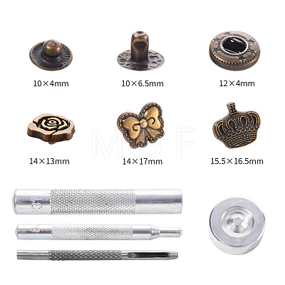 18 Sets Crown & Bowknot & Rose Flower Brass Leather Snap Buttons Fastener Kits SNAP-YW0001-05AB-1