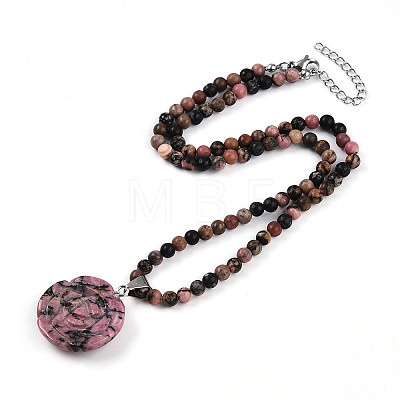 Natural Rhodonite 4.5mm Round Beaded Flower Pendant Necklaces NJEW-T016-04K-1