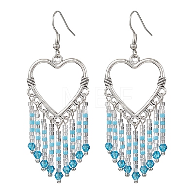Hollow Heart Alloy & Glass Seed Beads Tassel Chandelier Earrings EJEW-MZ00685-01-1