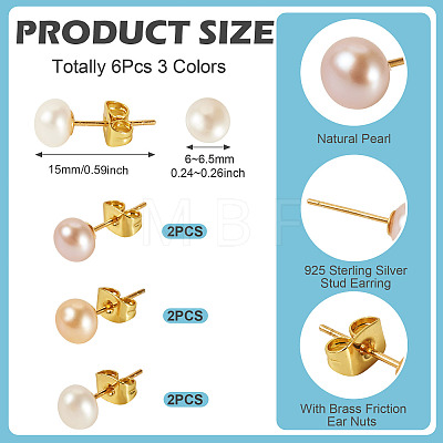 6Pcs 3 Colors Natural Cultured Freshwater Pearl Stud Earrings EJEW-TAC00025-1