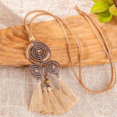 Boho Alloy Spiral and Cotton Tassel Pendant Faux Suede Cord Necklaces WG291DA-01-1