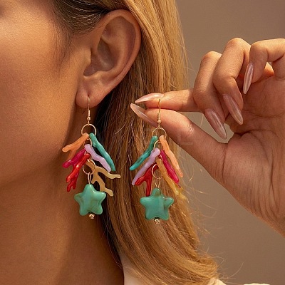 Alloy Resin Star & Coral Dangle Earrings for Women WGCFA9C-03-1