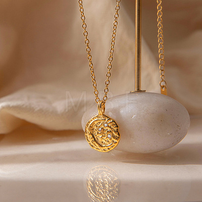 304 Stainless Steel Crystal Rhinestone Textured Coin with Flower Moon Pendant Necklaces for Women WG61E47-01-1