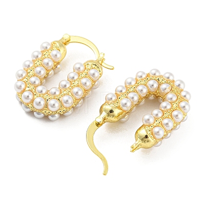 Rack Plating Brass Oval Hoop Earrings with Plastic Pearl Beaded EJEW-Q779-06G-1