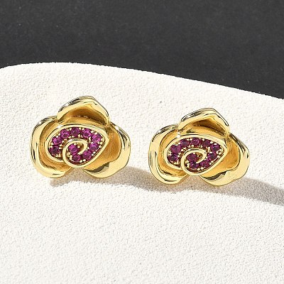 Rose Flower Brass Micro Pave Cubic Zirconia Stud Earrings EJEW-G452-08G-01-1