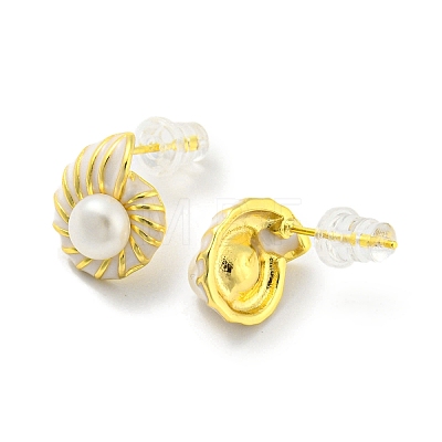 Brass Conch Stud Earrings with Natural Pearl EJEW-Z020-10G-1