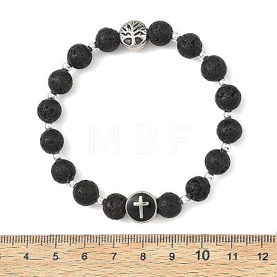 Natural Lava Rock Round Beaded Stretch Bracelets with 304 Stainless Steel Cross Tree of Life for Women BJEW-JB14251-1