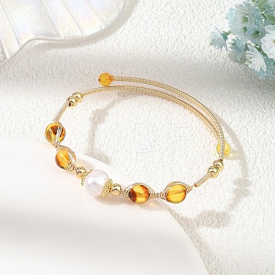 Round Natural Amber Herringbone Wire-Wrapped Cuff Bangles BJEW-JB14502-1