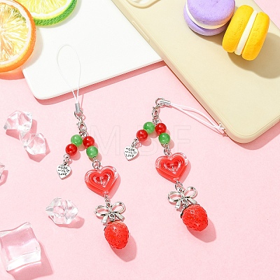 2Pcs Acrylic Heart & Resin Strawberry & Alloy Bowknot & Glass Bead Mobile Straps HJEW-YW00323-1