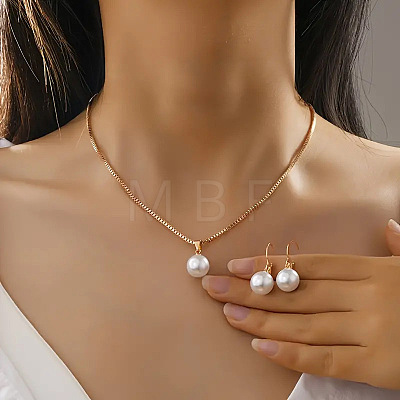 Plastic Imitation Pearl Round Pendant Necklaces & Hoop Earrings Sets WGD642E-01-1