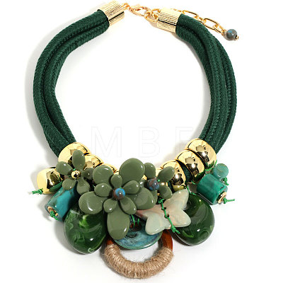 Flower Butterfly Ring Acrylic & Wood Pendant 2-Strand Cotton Cord Bib Necklaces for Women FS-WG99BBE-01-1