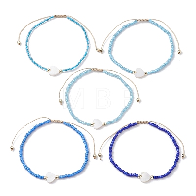5Pcs 5 Colors Natural Shell Heart & Seed Braided Bead Bracelets Set BJEW-JB10039-01-1