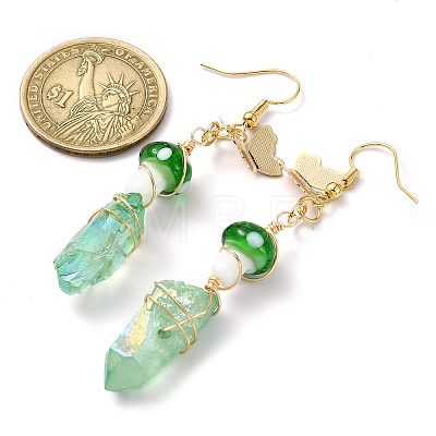 Dyed Natural Quartz Crystal Nugget & Mushroom Lampwork Dangle Earrings EJEW-TA00335-04-1