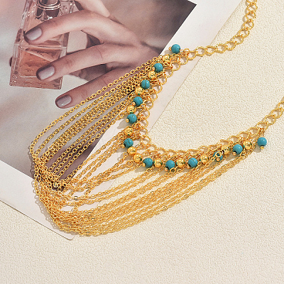 Bohemian Iron and Synthetic Turquoise Multi-Layered Tassel Bib Necklaces for Women IX0795-1