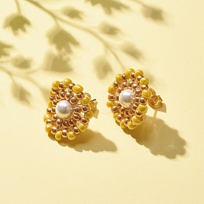 Shell Pearl & Glass Seed Braided Flower Stud Earrings EJEW-JE04921-01-1