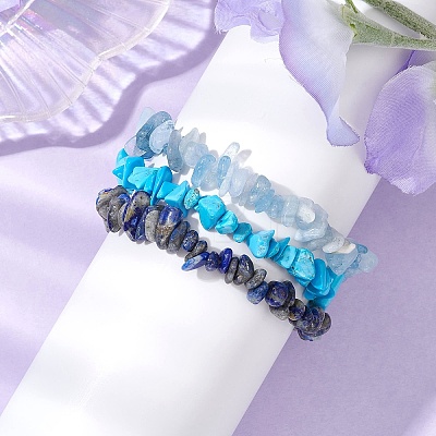 3Pcs Natural Aquamarine & Natural Lapis Lazuli & Synthetic Turquoise Chip Beaded Stretch Bracelet Sets BJEW-JB10861-1