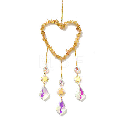 Heart Natural Yellow Quartz Chips Hanging Ornaments HJEW-G024-01C-1