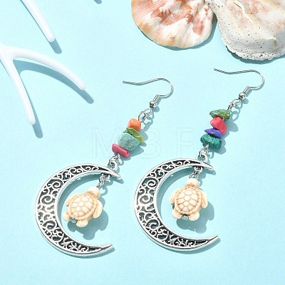 Dyed Synthetic Turquoise Crescent Moon with Tortoise Dangle Earring EJEW-JE05269-01-1