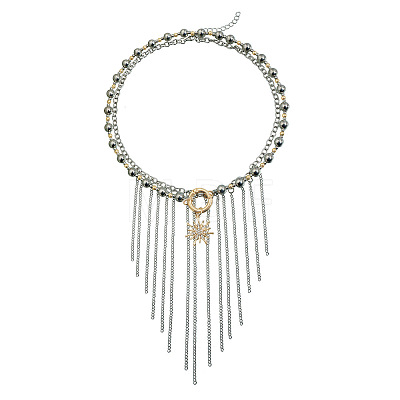 Two Tone Alloy Sun and Chain Tassel 2-Strand Bib Necklaces with CCB Plastic Beads for Women WG233F9-01-1