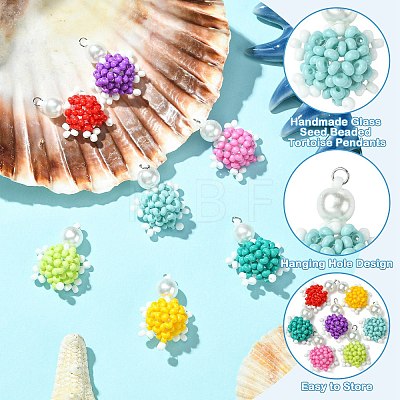 7Pcs 7 Colors Handmade Glass Seed Beaded Tortoise Pendants PALLOY-CJ00103-1