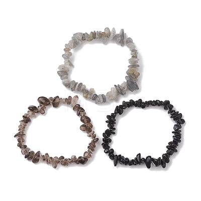 3Pcs Natural Smoky Quartz & Natural Obsidian & Natural Labradorite Chip Beaded Stretch Bracelet Sets BJEW-JB10860-1