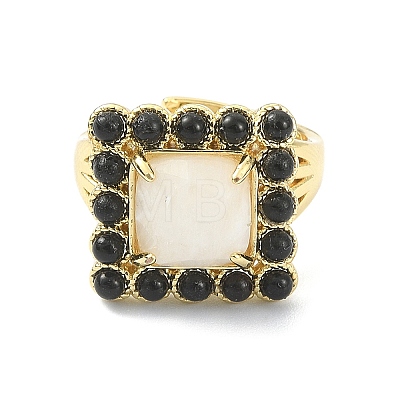 Synthetic Moonstone & Natural Black Agate Gemstone Rectangle Adjustable Ring RJEW-B030-01A-04-1
