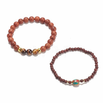 2Pcs 2 Style Natural Dracaena Draco(Dragon Tree) Wood & Mixed Gemstone Stretch Bracelets Set for Women BJEW-JB07939-1