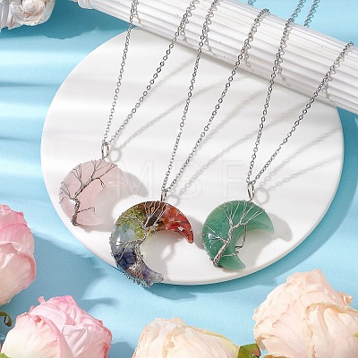 3Pcs 3 Styles Chakra Moon Natural Rose Quartz & Green Aventurine & Mixe Stone Copper Wire Wrapped Tree Pendant Necklaces NJEW-JN05031-1