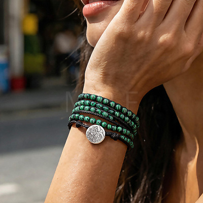 Adjustable Alloy Tree of Life Synthetic Malachite Round Beaded Wrap Bracelets for Women WGFA9D3-01-1