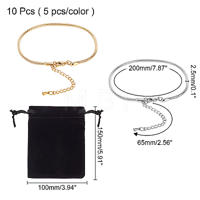 10Pcs 2 Colors 304 Stainless Steel Snake Chain Bracelets BJEW-AR0001-02-1