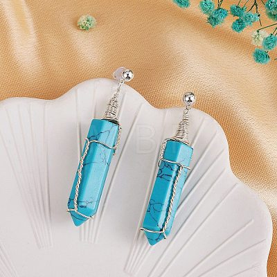 Synthetic Turquoise Bullet Dangle Stud Earrings EJEW-PH01406-02-1