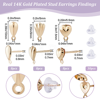 24Pcs 3 Style Teardrop & Shell & Heart Alloy Stud Earrings Findings FIND-BBC0002-76-1