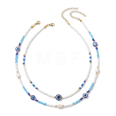 2Pcs 2 Styles Natural Pearl & Blue Resin Evil Eye & Glass Seed Beaded Necklaces for Women NJEW-MZ00152-1