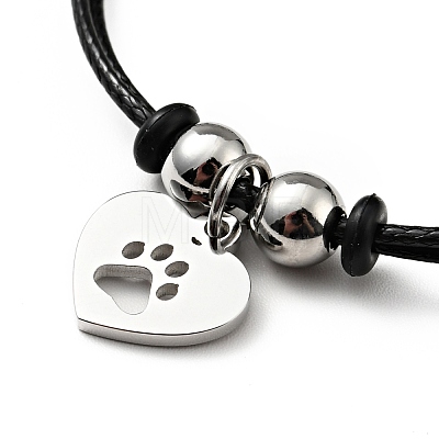 304 Stainless Steel Heart with Paw Print Charm Bracelet with Waxed Cord for Women BJEW-A125-23-1