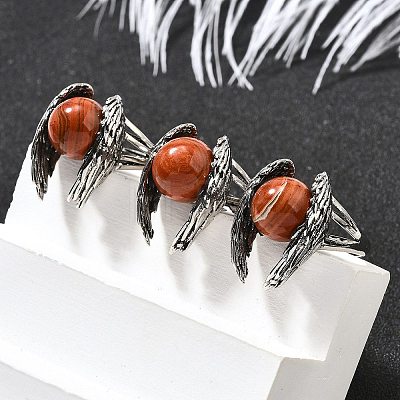 Natural Red Jasper Wings Adjustable Rings RJEW-K241-04AS-10-1