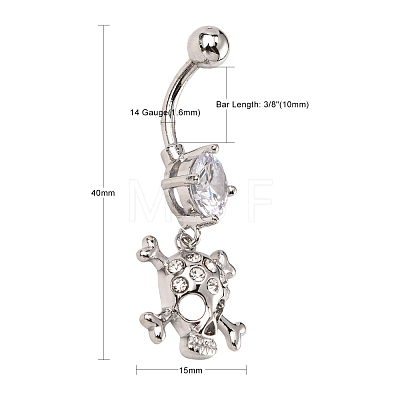 Piercing Jewelry Real Platinum Plated Brass Rhinestone Pirate Style Skull Navel Ring Belly Rings AJEW-EE0001-28-1
