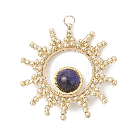 Dyed Round Natural Tiger Eye with Glass Seed Beaded Sun Pendants PALLOY-MZ01082-03-1