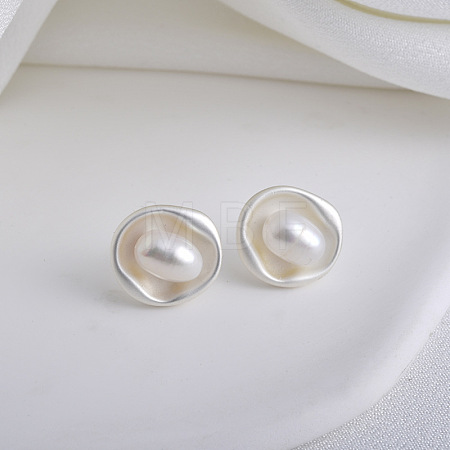 Flat Round Brass & Freshwater Pearl Stud Earrings for Women EJEW-G391-04MS-1